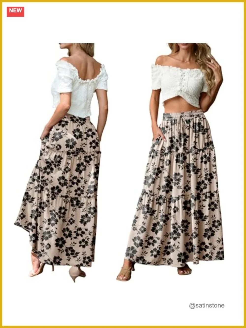 Women's High Waisted Boho Floral Tiered Maxi Skirt with Pockets